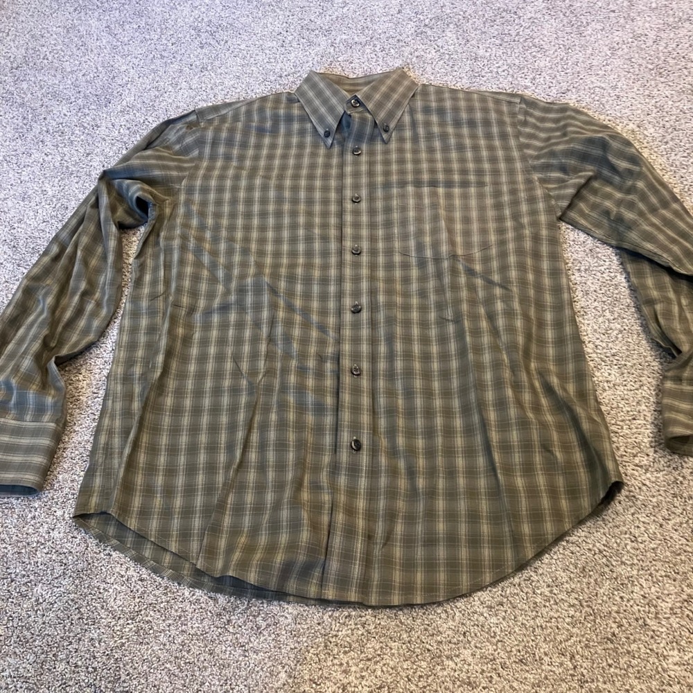 Dockers Mens Long Sleeve Plaid Button Down Shirt Olive Green Brown 15-15.5 M